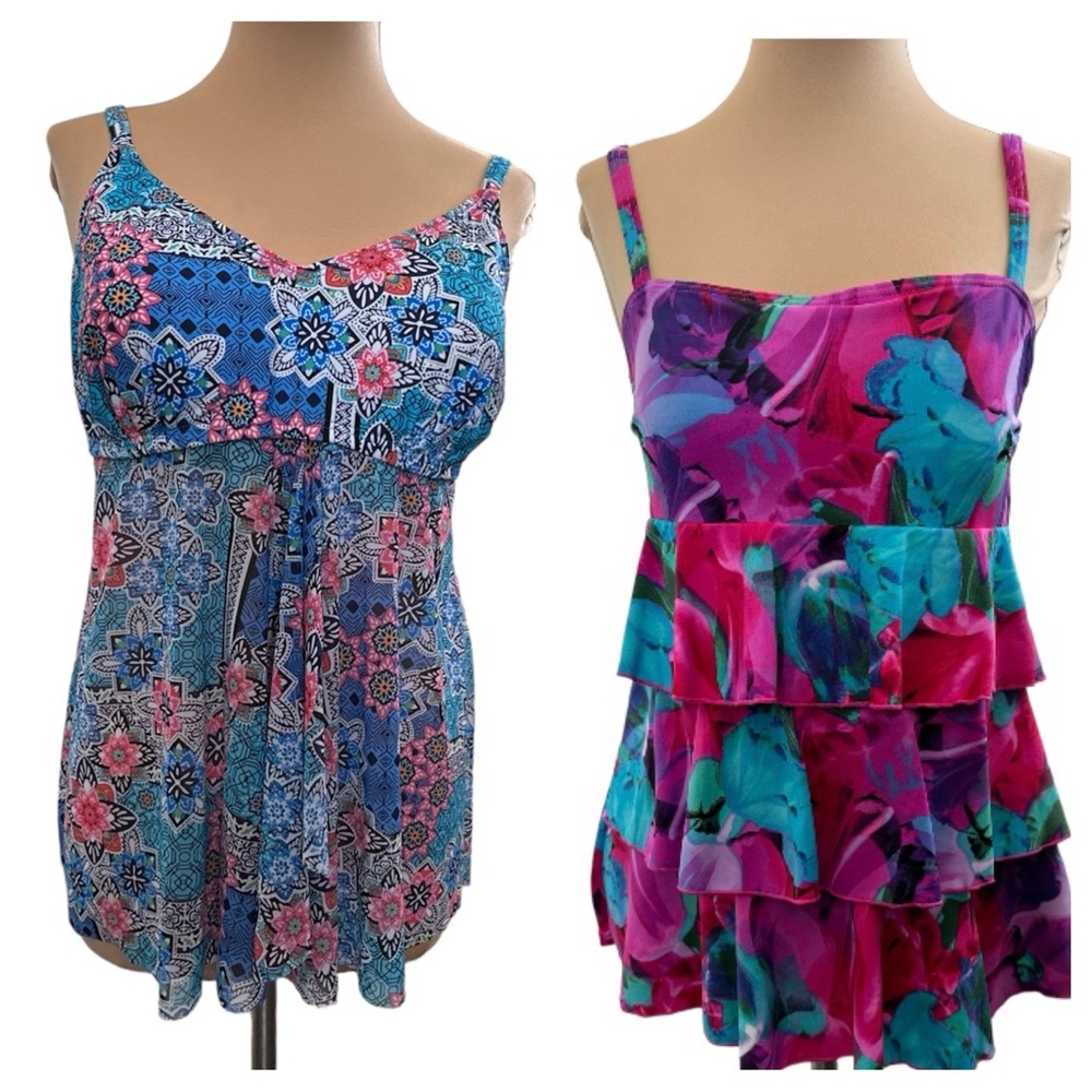 Bundle of 2 Swim Tankini Tops Floral Flowy Blue Pink Size 12